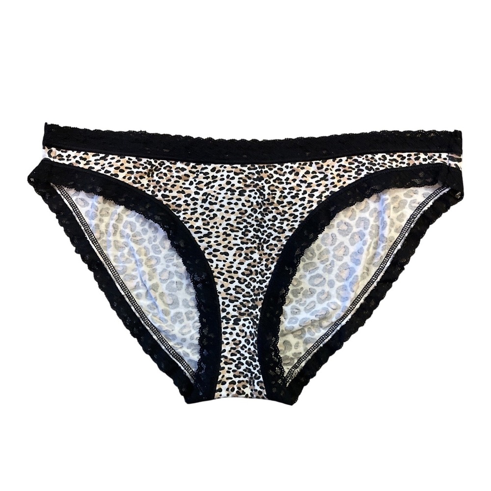 Vtg Victoria's Secret Black Leopard Lace Trim Bikini Panties Med Animal Print